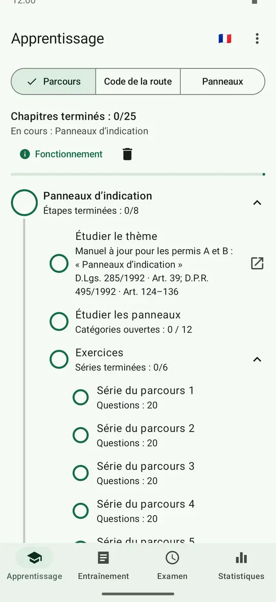 Onglet « Apprentissage », section « Parcours » : le chapitre « Panneaux d’indication » est ouvert avec ses étapes
