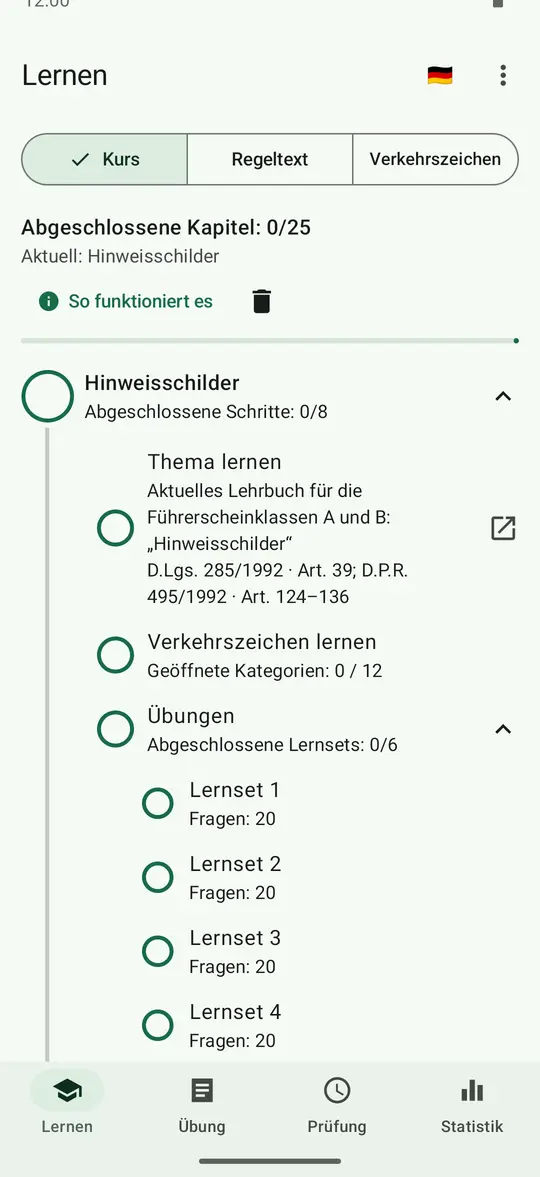 Tab „Lernen“, Bereich „Kurs“: Das Kapitel „Hinweisschilder“ ist mit seinen Schritten geöffnet