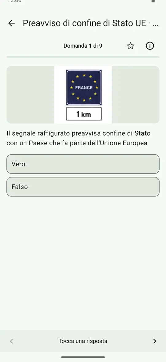 Domanda ministeriale vero o falso con l’illustrazione del segnale che preavvisa il confine di Stato UE